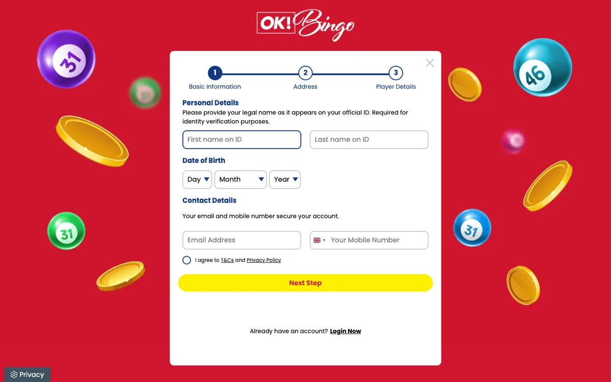 OK Bingo Casino — Sign-up, captured from United Kingdom