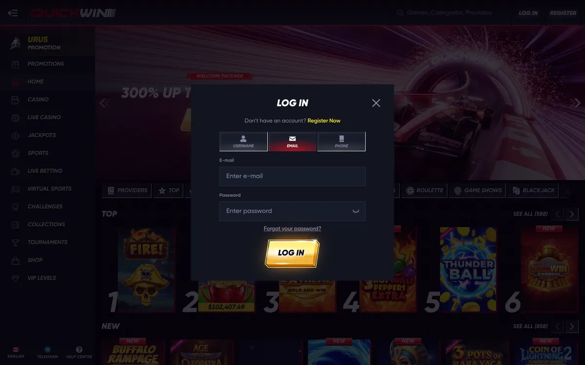 QuickWin Casino — «Регистрация», снято из страны Канада