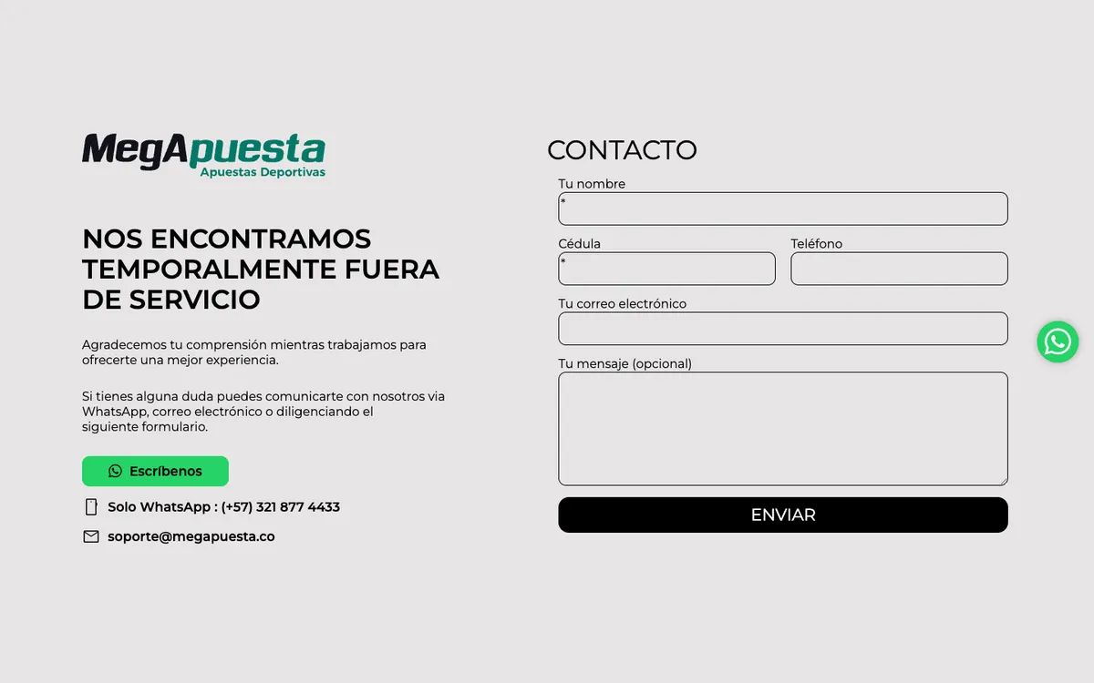 Megapuesta Casino — Home page, captured from Colombia