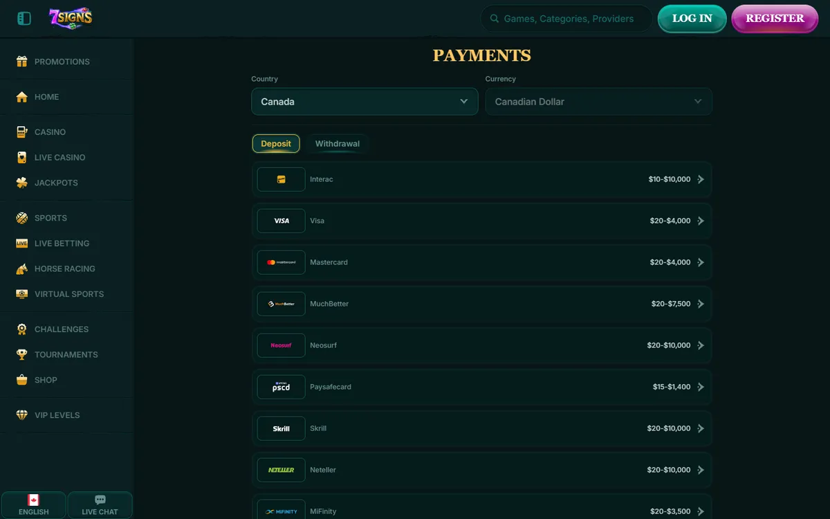 7Signs Casino — Payments, captured from Canada