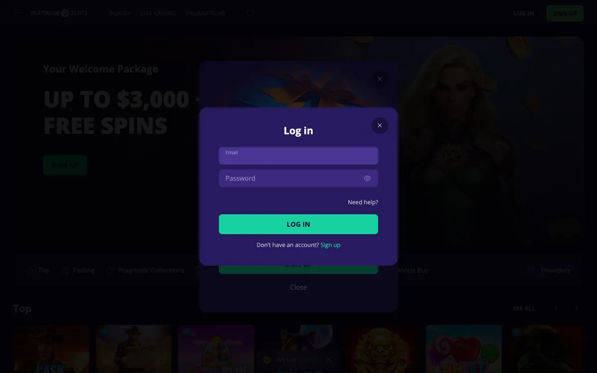 Platinumslots Casino — Sign-up, captured from New Zealand
