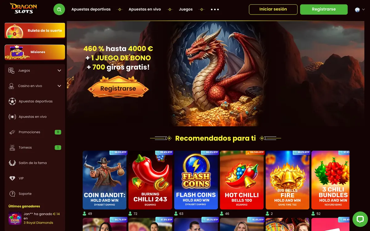Dragonslots Casino — Home page, captured from Spain