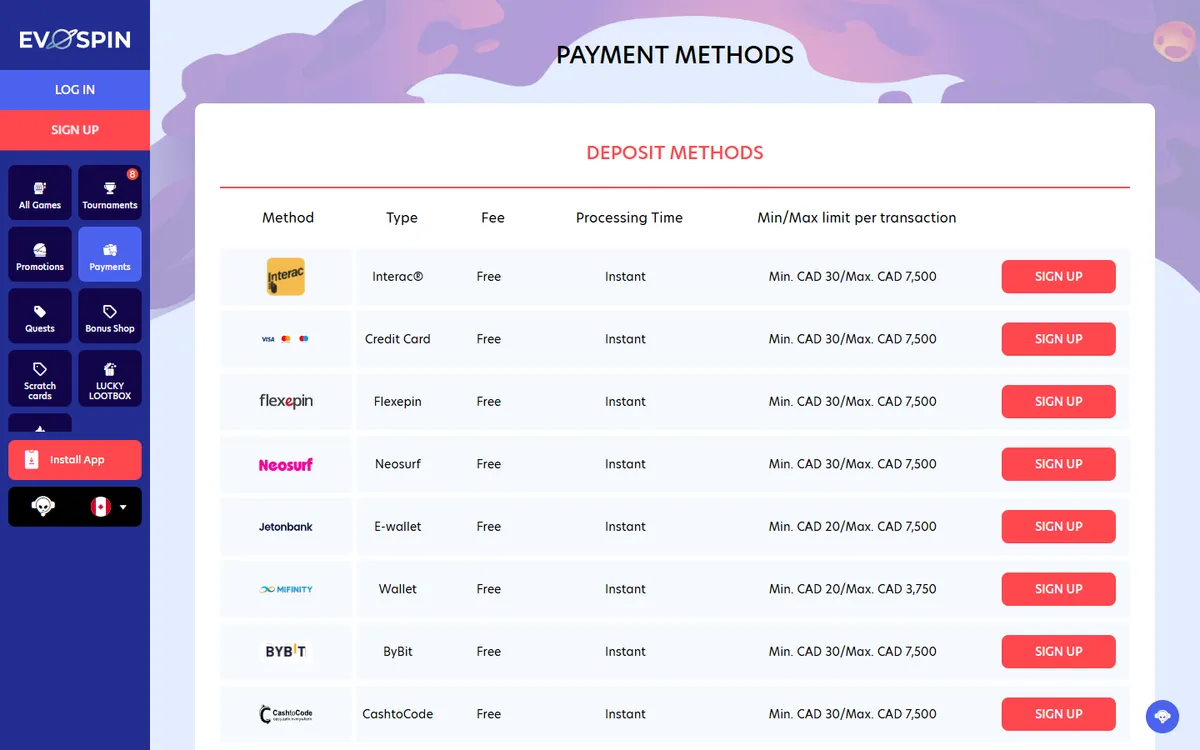 Evospin Casino — Payments, captured from Canada
