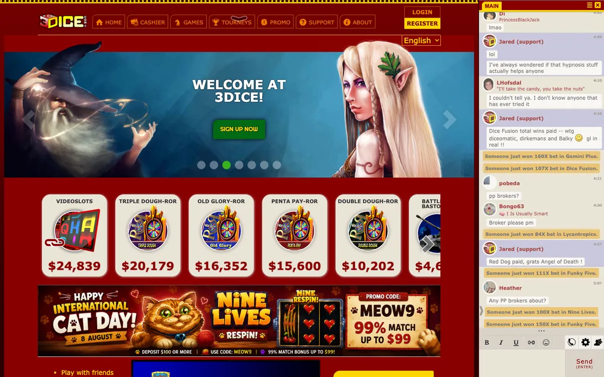 3Dice Casino — Home page, captured from Austria