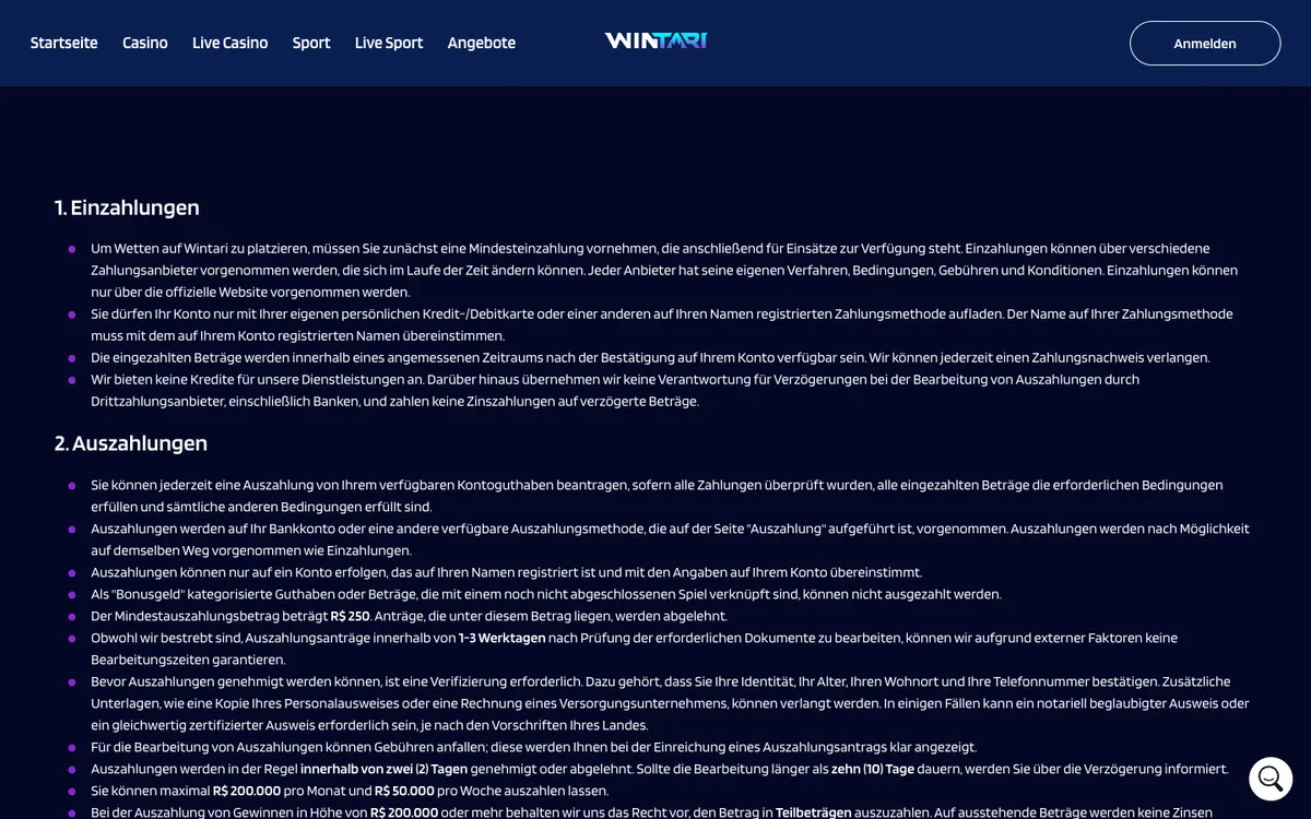 Wintari Casino — Payments, captured from Austria