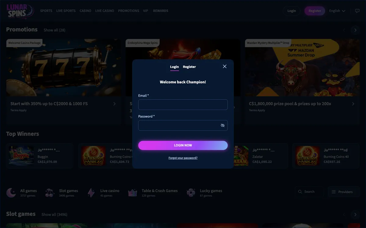 Lunarspins Casino — «Регистрация», снято из страны Канада