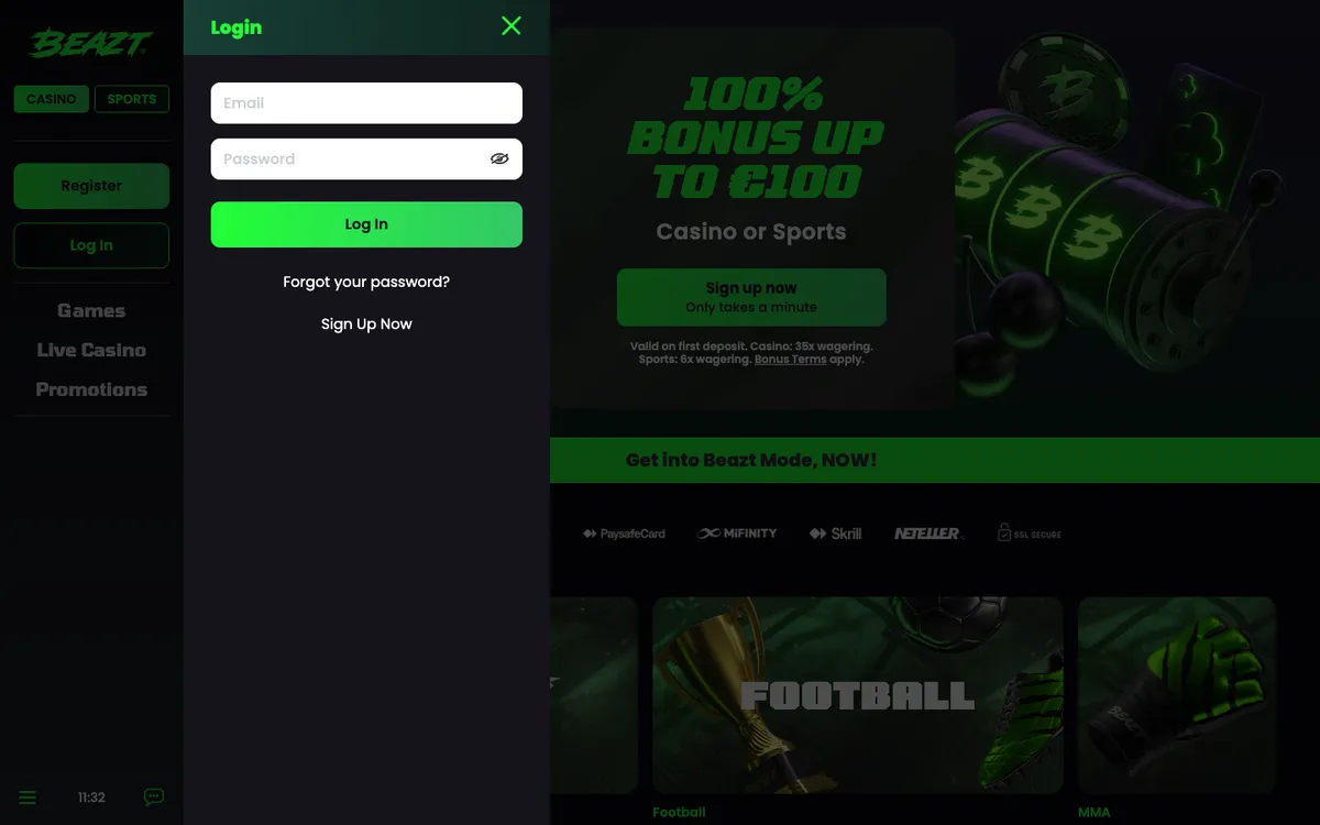 Beazt Casino — Sign-up, captured from Belgium