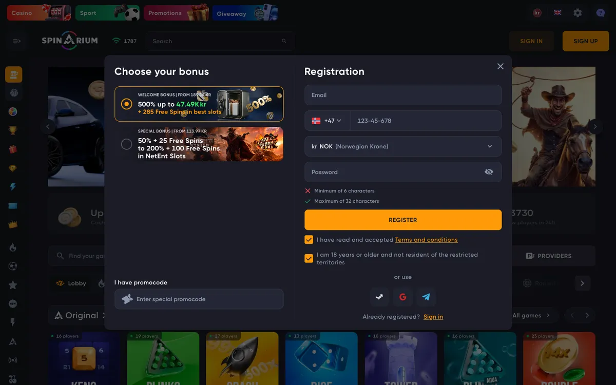 Spinarium Casino — Home page, captured from Norway