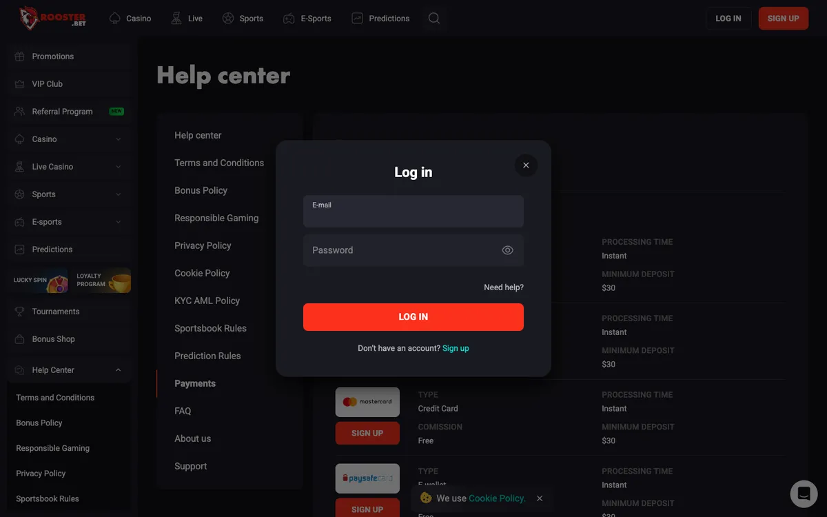 Rooster Bet Casino — Sign-up, captured from Canada