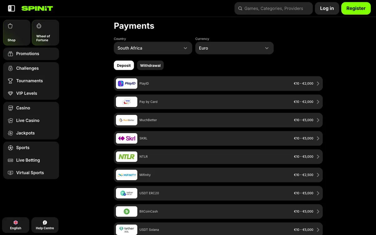Spinit Casino — «Платежи», снято из страны Южно-Африканская Республика