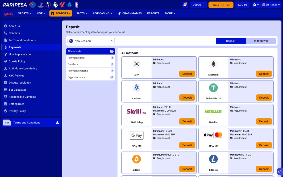 Paripesa Casino — «Платежи», снято из страны Новая Зеландия