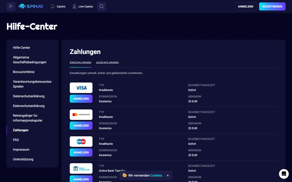 Spinjo Casino — Payments, captured from Germany