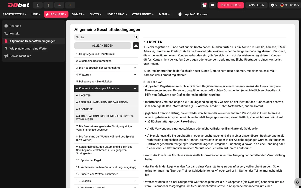 DBbet Casino — Payments, captured from Austria