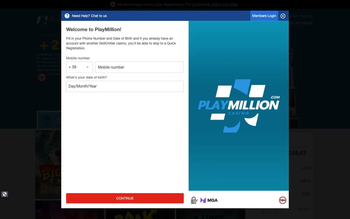 Play Million Casino — Sign-up, captured from Italy