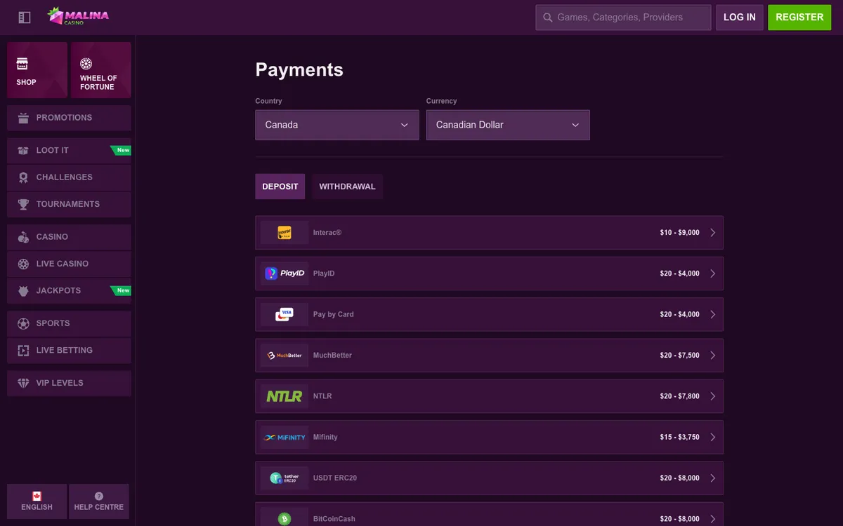 MalinaCasino — Payments, captured from Canada