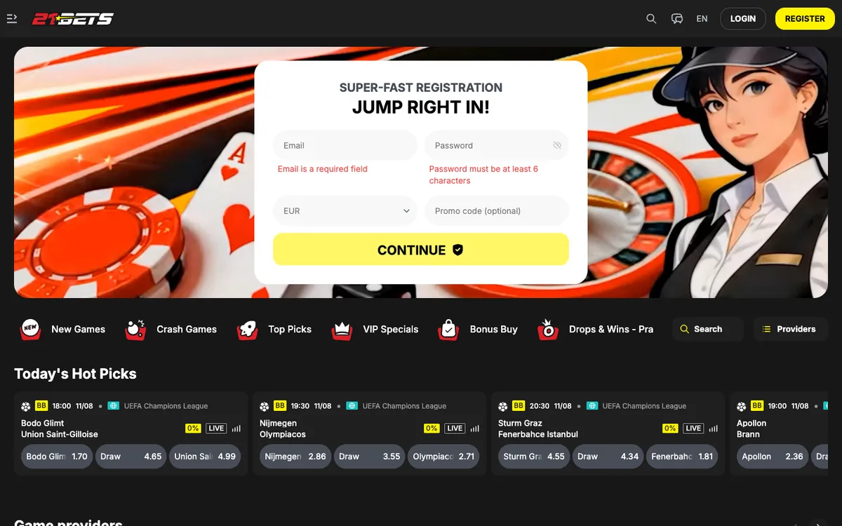 21Bets Casino — Home page, captured from Norway