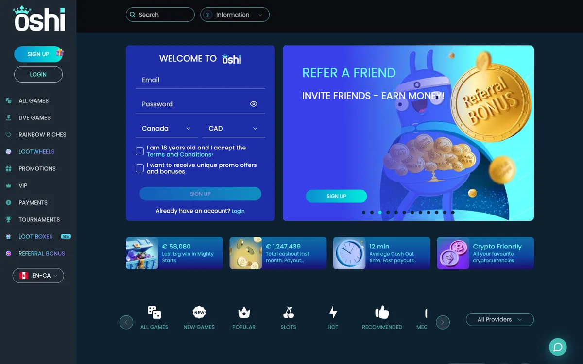 Oshi Casino — «Главная», снято из страны Канада
