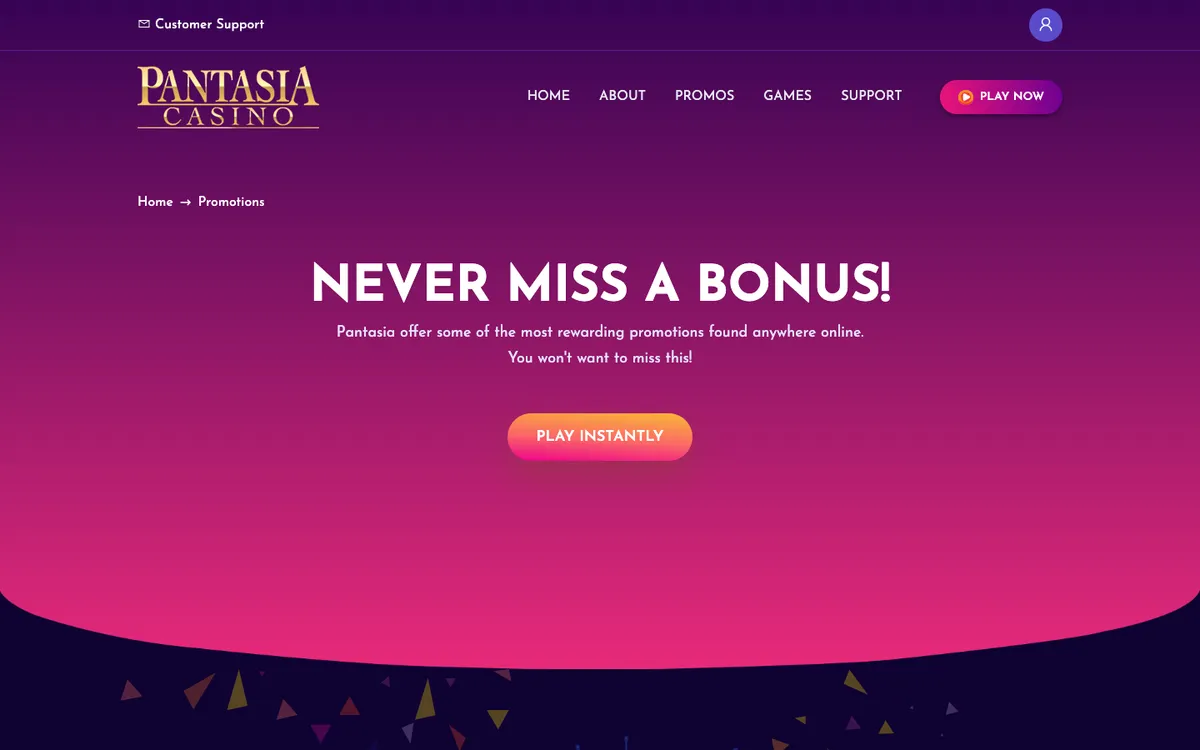 Pantasia Casino — Promotions, captured from Belgium