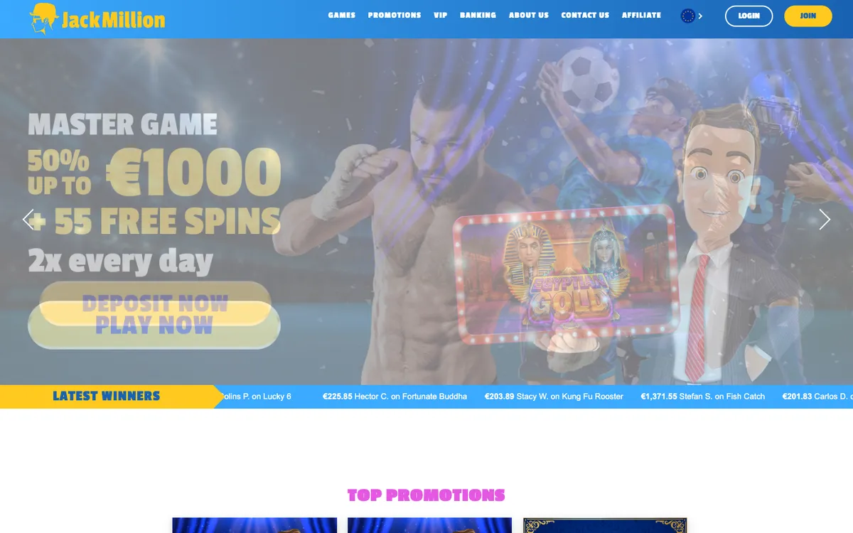 JackMillion Casino — «Главная», снято из страны Испания