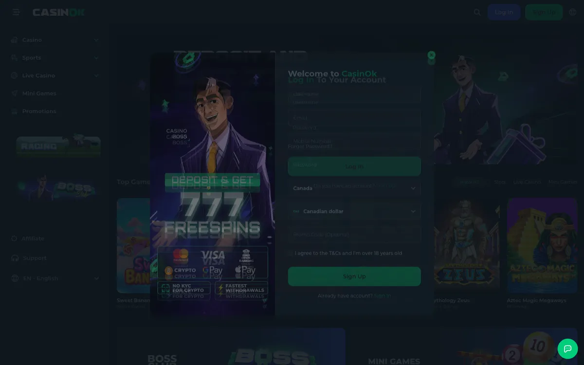 CasinOK — Sign-up, captured from Canada