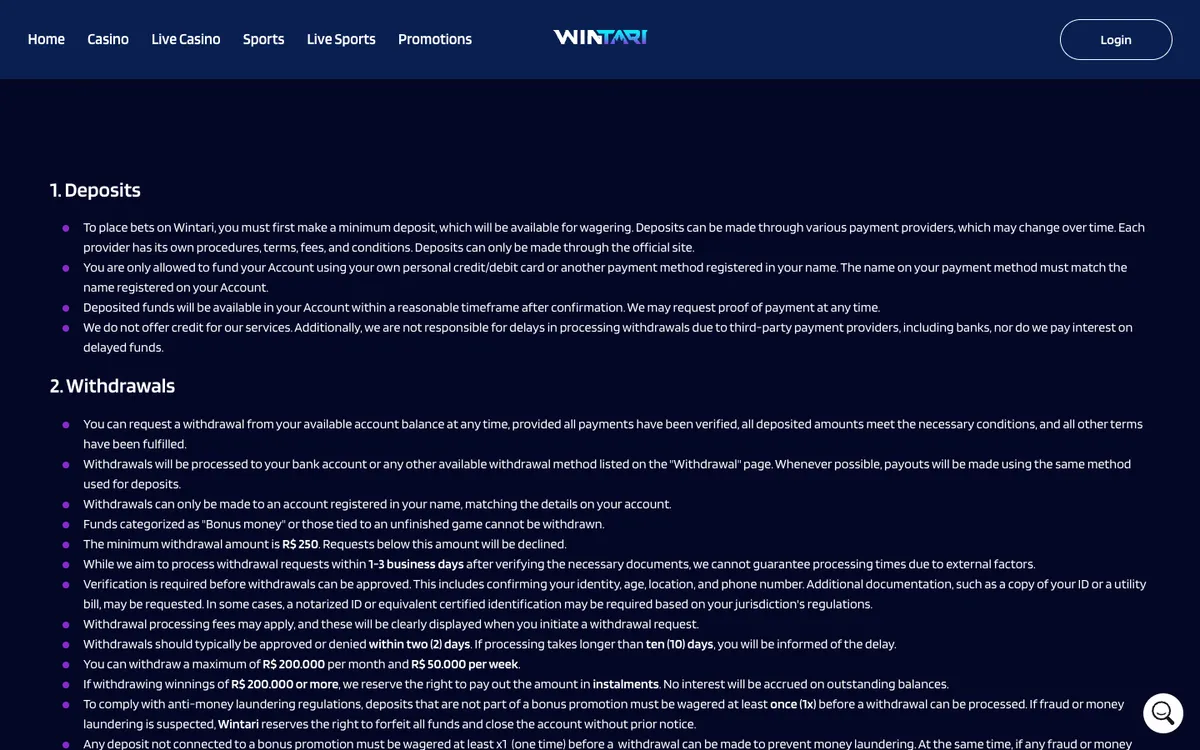 Wintari Casino — Payments, captured from Canada