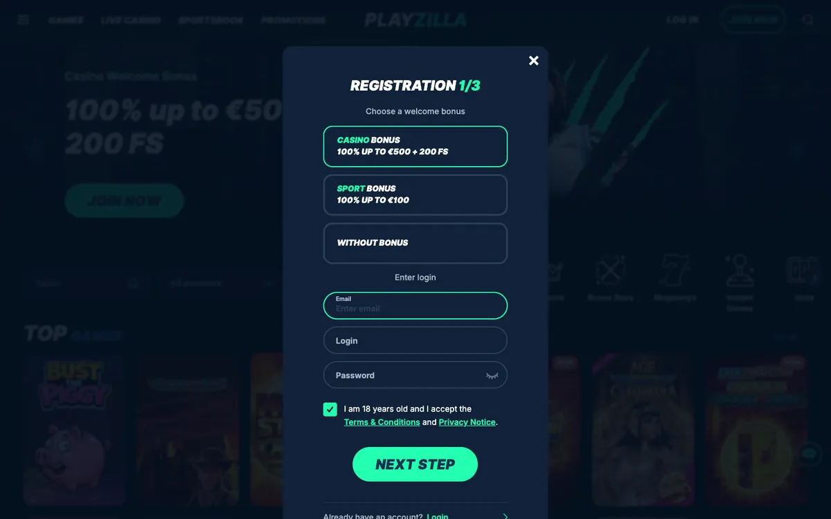 PlayZilla Casino — Sign-up, captured from South Africa