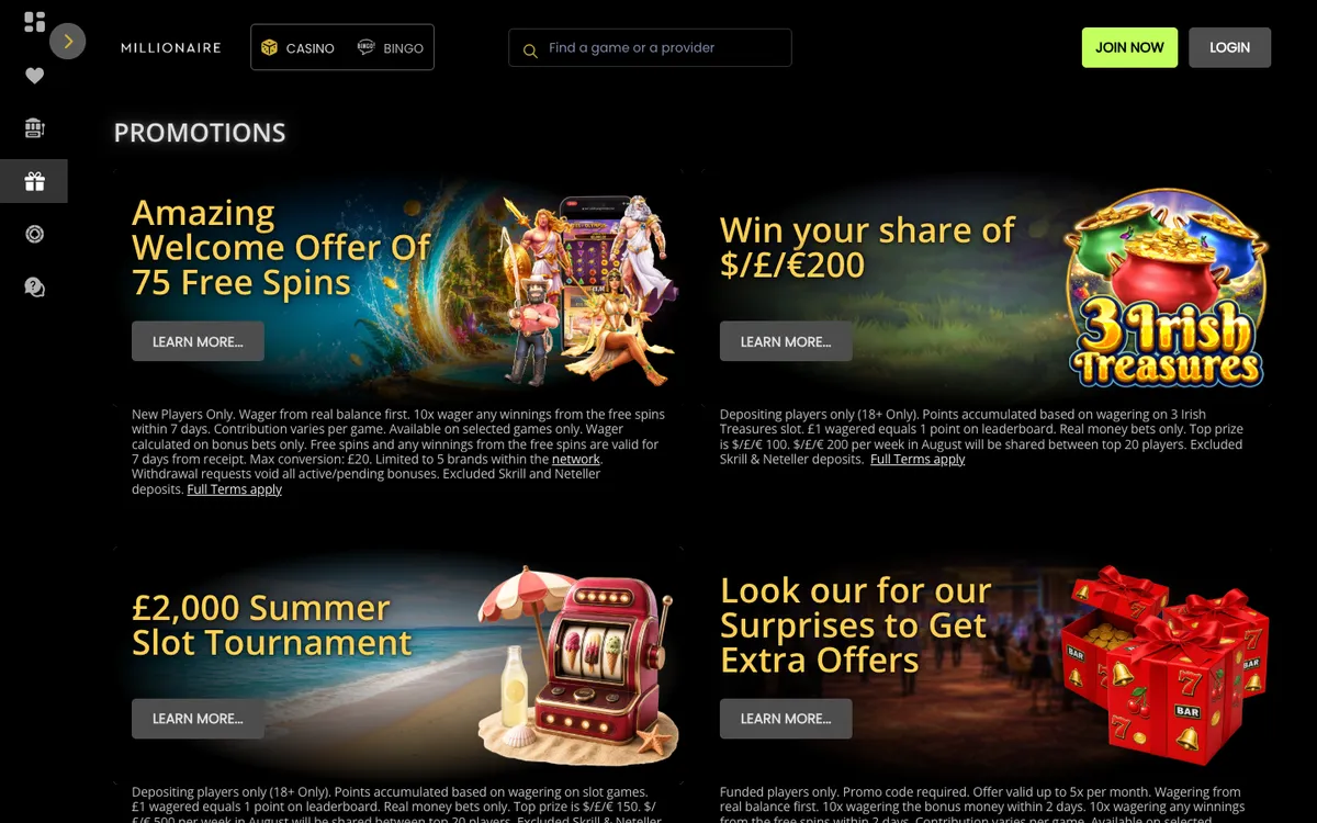 Millionaire Casino — Promotions, captured from United Kingdom