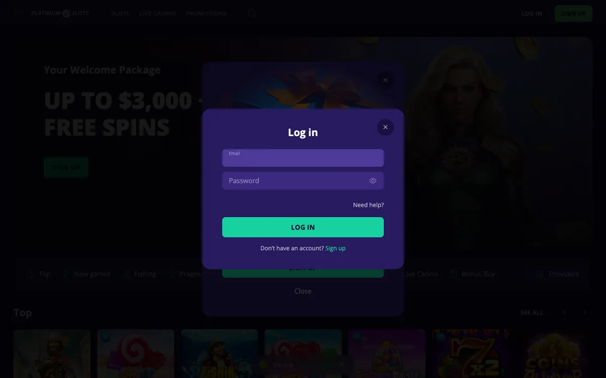 Platinumslots Casino — Sign-up, captured from Canada