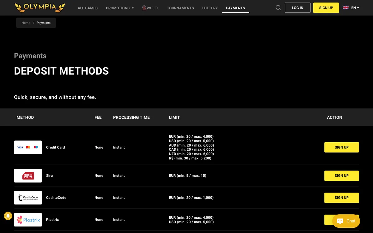 Olympia Casino — Payments, captured from Austria