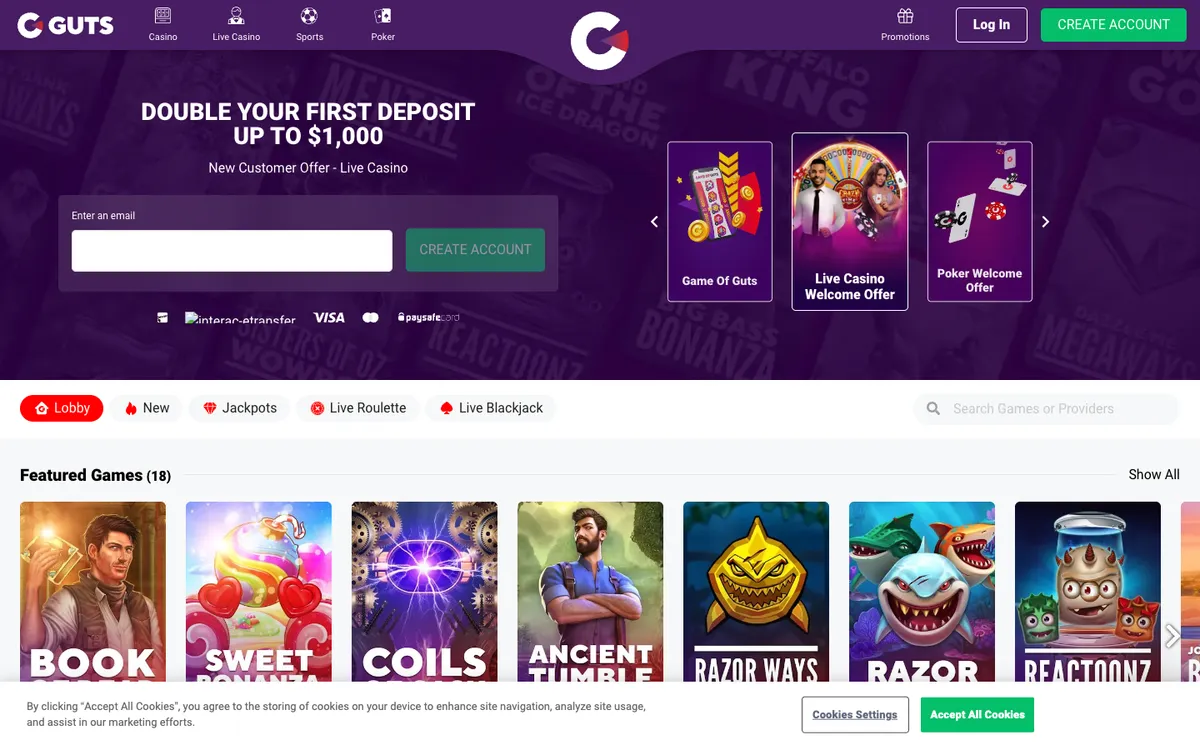 Guts Casino — Home page, captured from Canada