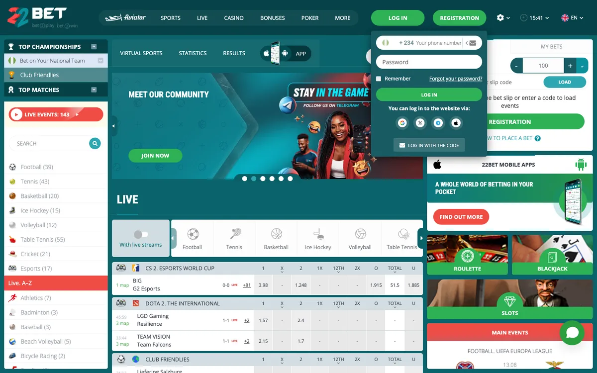 22bet Casino — Sign-up, captured from Nigeria