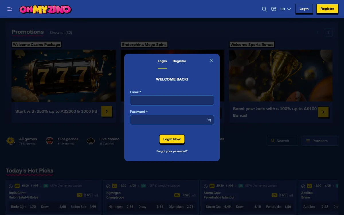 OhMyZino Casino — Sign-up, captured from Australia
