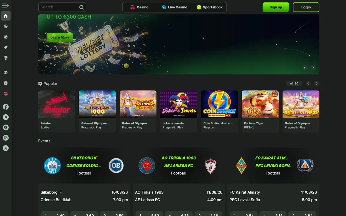 WeltBet Casino — Home page, captured from Belgium
