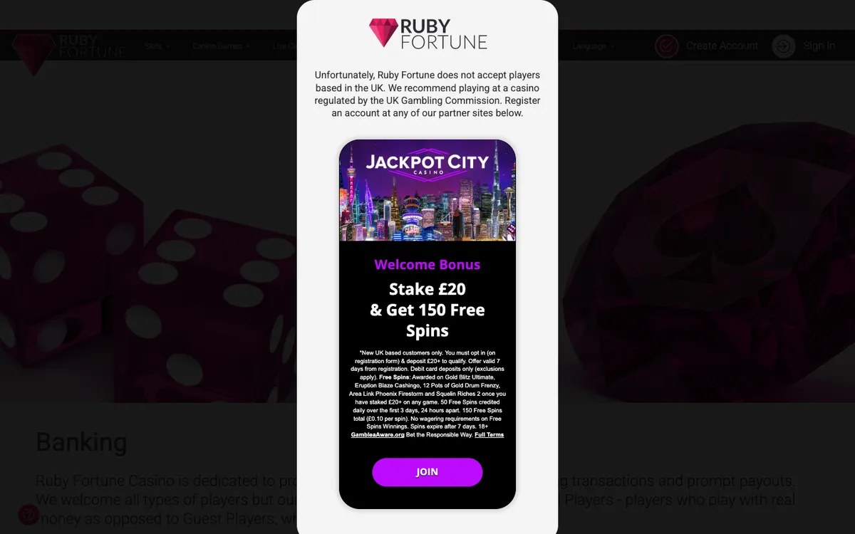 Ruby Fortune Casino — Payments, captured from United Kingdom