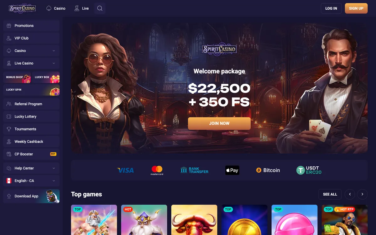 Spirit Casino — Home page, captured from Canada
