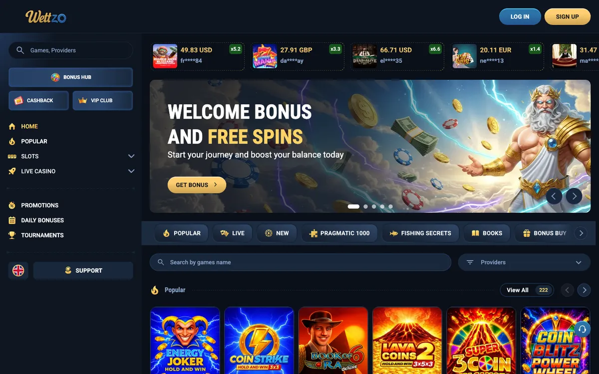 Wettzo Casino — Home page, captured from Austria