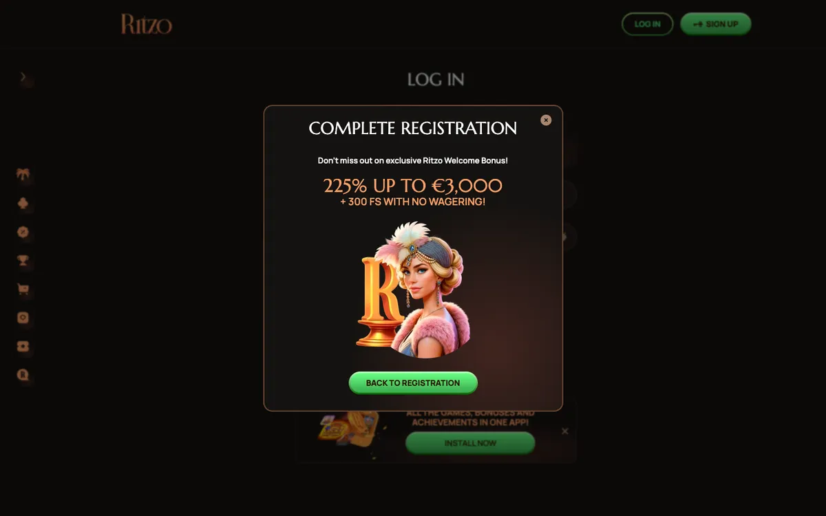 Ritzo Casino — «Регистрация», снято из страны Австрия