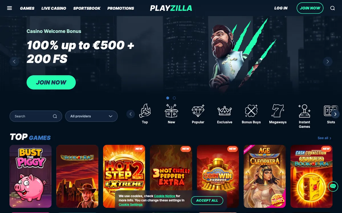 PlayZilla Casino — Home page, captured from Japan