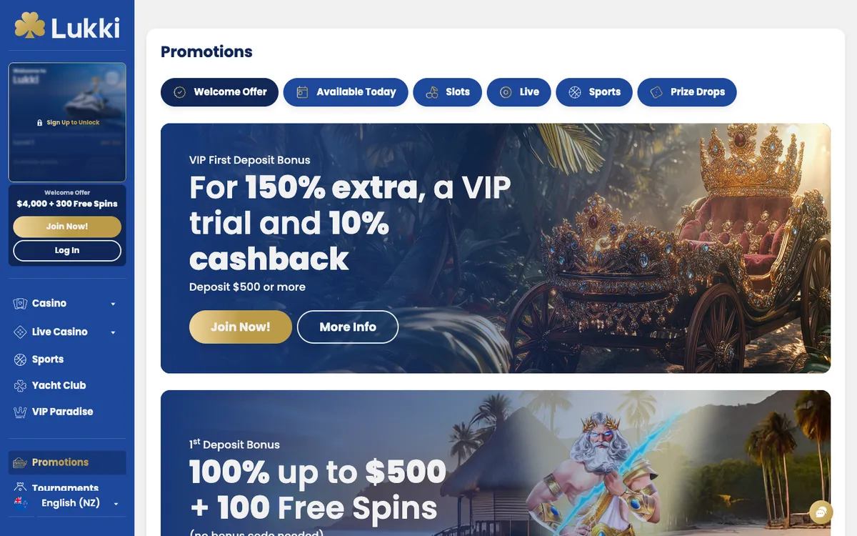 Lukki Casino — «Акции», снято из страны Новая Зеландия