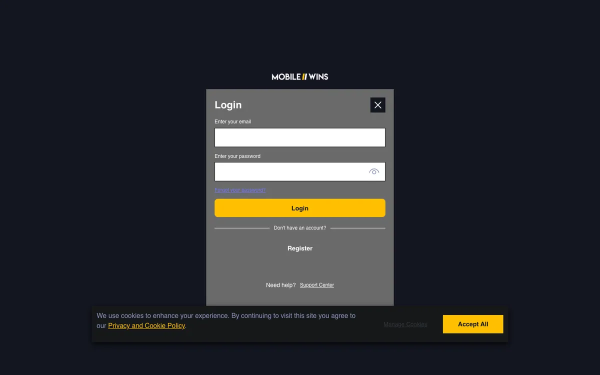 Mobile Wins Casino — Sign-up, captured from Canada