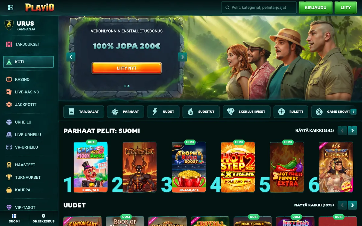Playio Casino — «Главная», снято из страны Финляндия