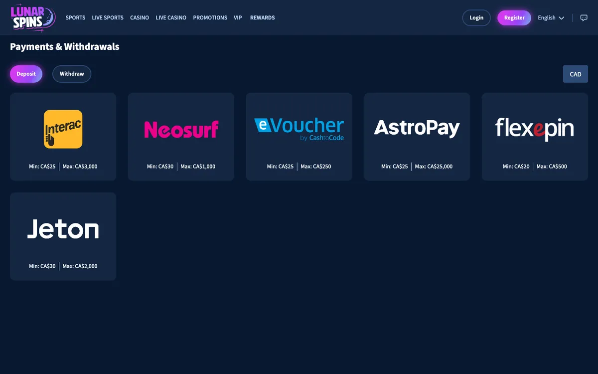 Lunarspins Casino — «Платежи», снято из страны Канада