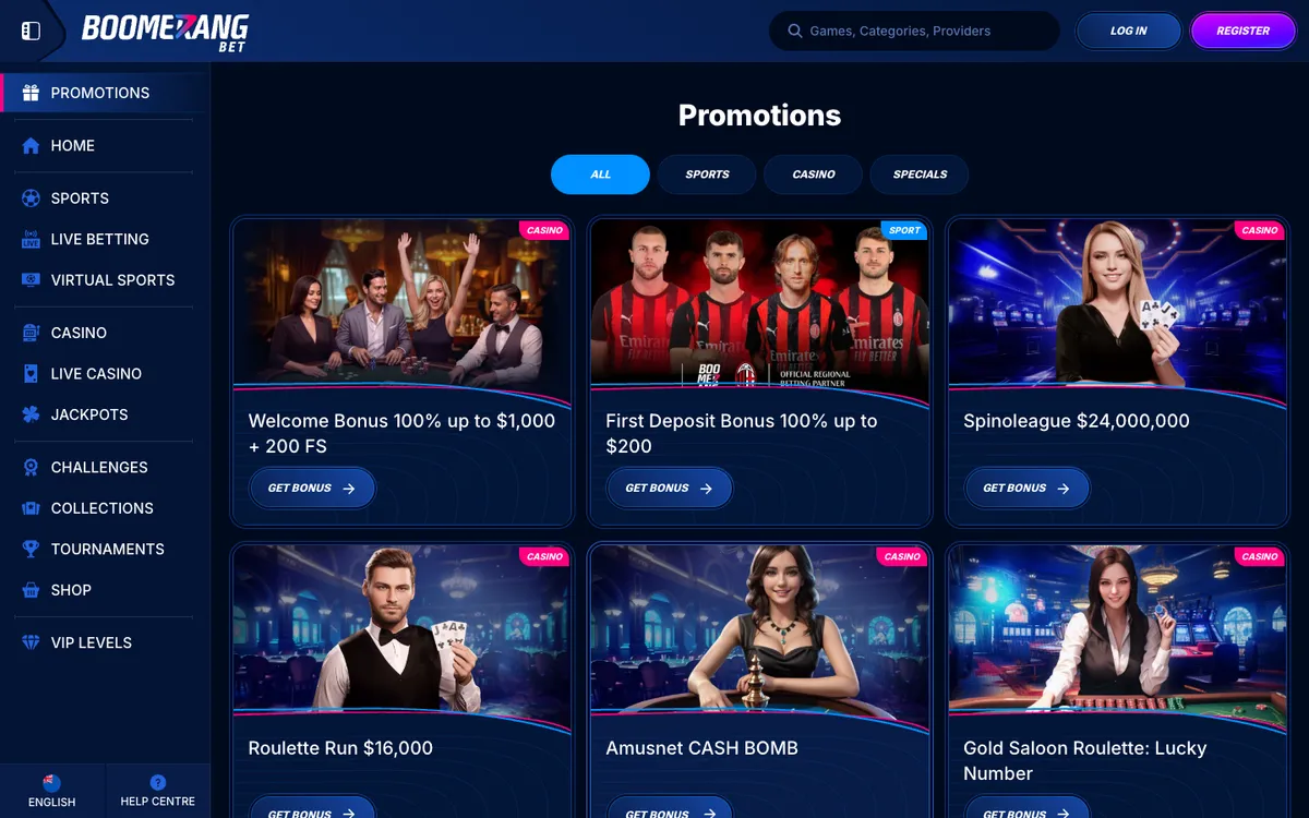Boomerang-bet Casino — «Акции», снято из страны Новая Зеландия
