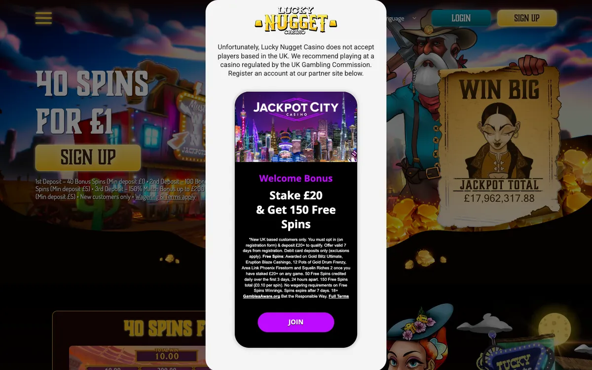 Lucky Nugget Casino — Home page, captured from United Kingdom