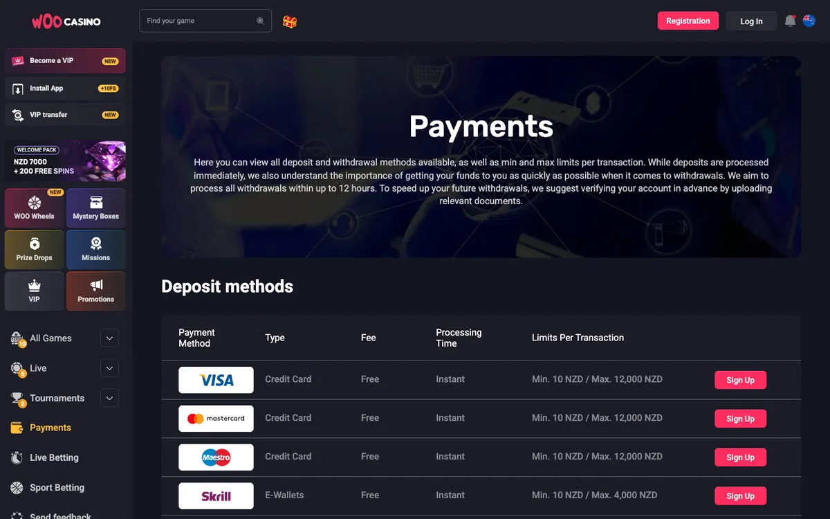 Woocasino — «Платежи», снято из страны Новая Зеландия