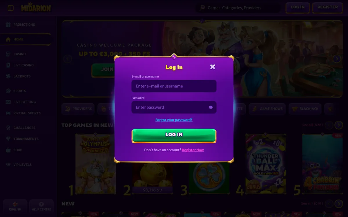 Midarion Casino — Sign-up, captured from New Zealand
