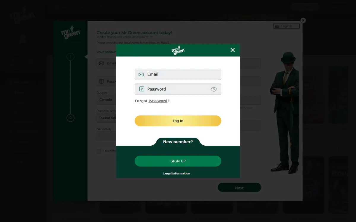 Mr Green Casino — Sign-up, captured from Canada