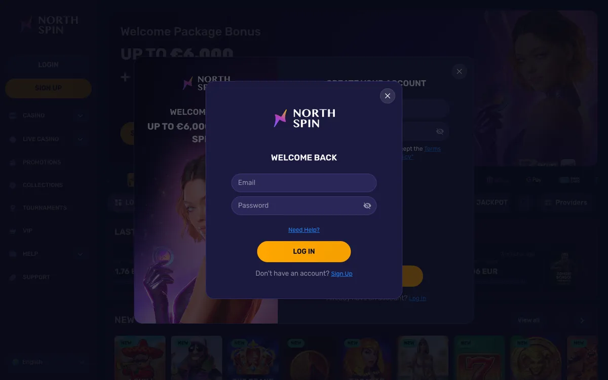 North Spin Casino — Sign-up, captured from Austria
