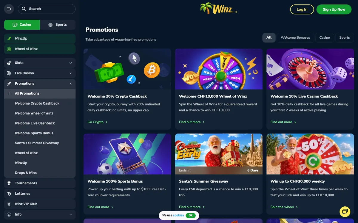 Winz.io Casino — Promotions, captured from Switzerland