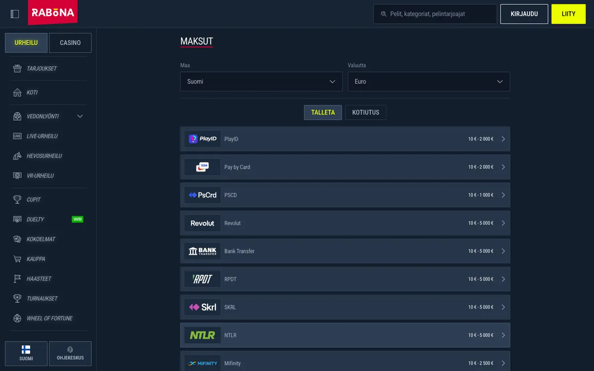 Rabona Casino — Payments, captured from Finland